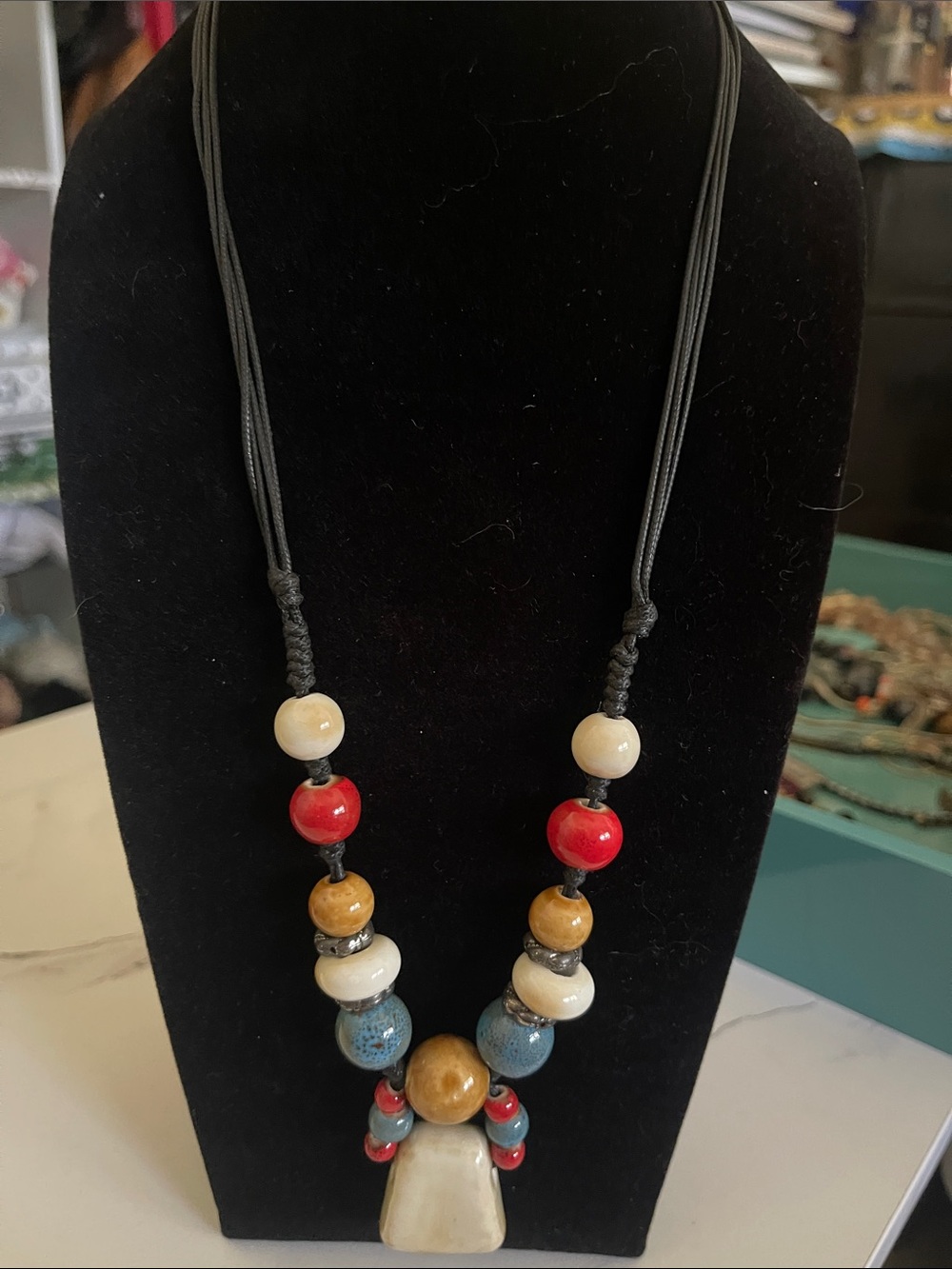 Bohemian Multi-Bead Pendant Necklace - Red, Blue, Cream, Tan
